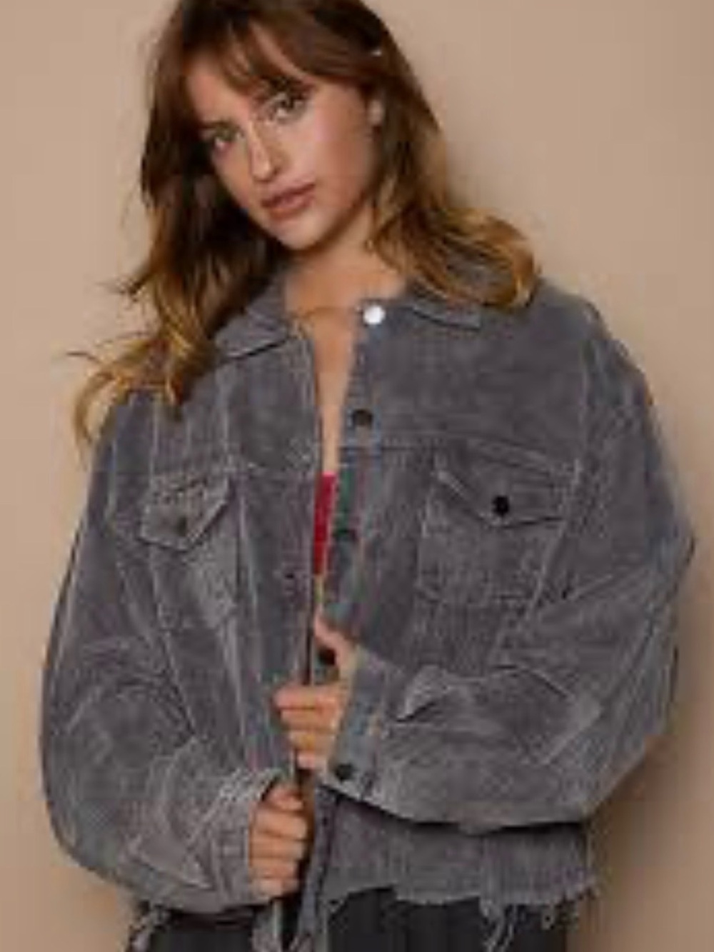 POL Gray Frayed Hem Corduroy Trucker Jacket Size Small EUC